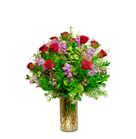 12 Red Primavera Roses, Stock, Wax, Tree Fern, and Pitt